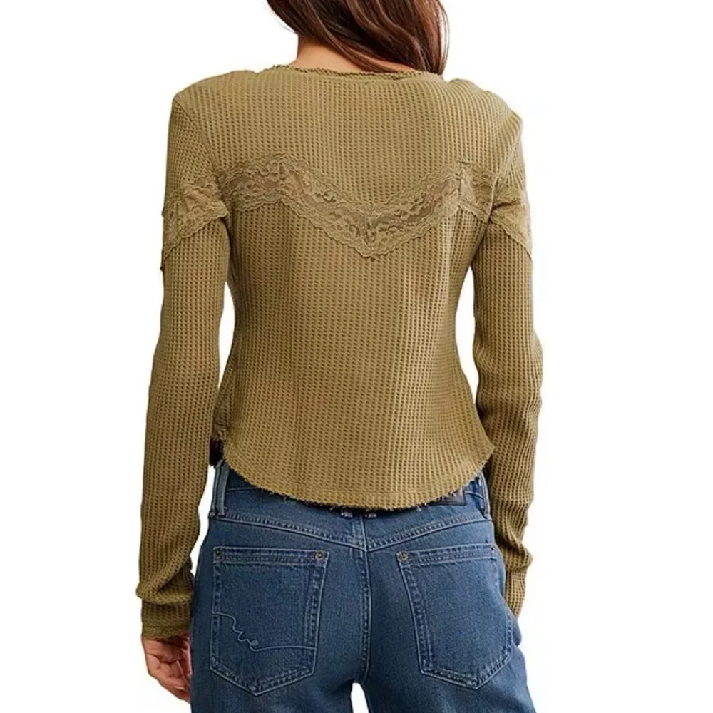 Free People Women's Blue Let's Party Lace Trim Cotton Waffle Cardigan nwt sz L